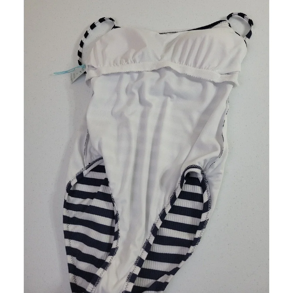 Kona Sol One Piece Swimsuit Nautical Striped Coastal Preppy Navy White Medum